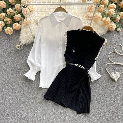 Sixsr Spring Outfits Women Sleeve White Shirt Fashion Two Piece Suit Red Cotton Sweater Vest Lady Casual Preppy Style White Belt