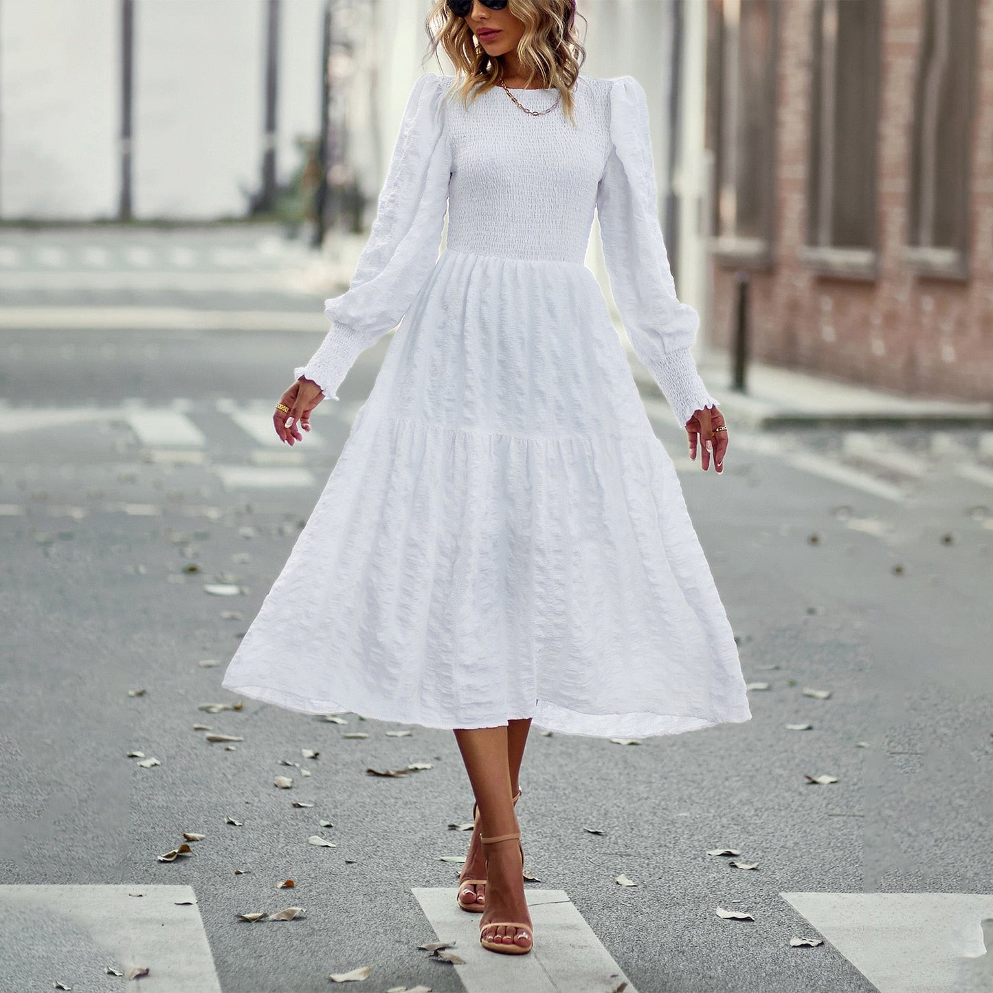 Spring Casual O Neck Lantern Sleeve Dress Women Loose Elegant Solid A-line Dress Lady Simple High Waist Klein Blue Dress