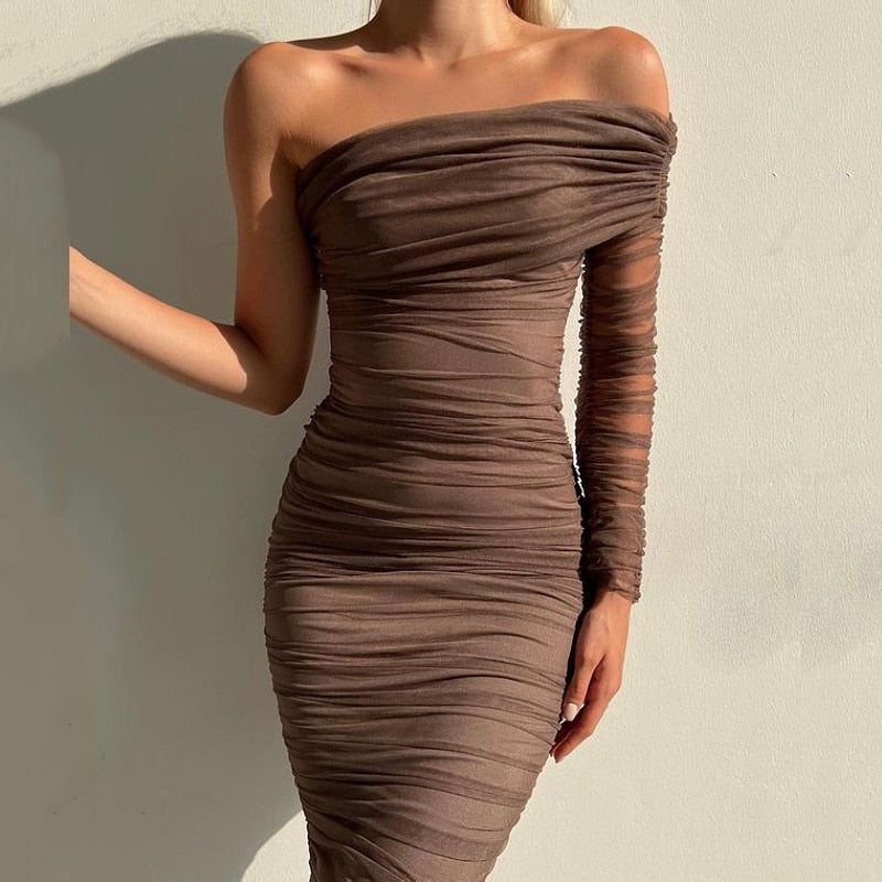 Sexy Diagonal Neck Backless Party Dress Women Fashion One Shoulder Long Sleeve Mesh Dress Elegant Temperament Slim Solid Dresses