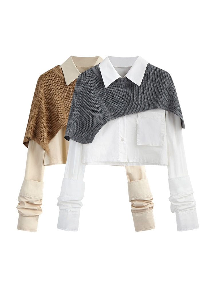 Sixsr Spring Autumn Fashion Women Two Pieces Sets Long Sleeve Short Blouse Shirt + Solid Knitted Pullover Crop Shawl Sweater Female Tops