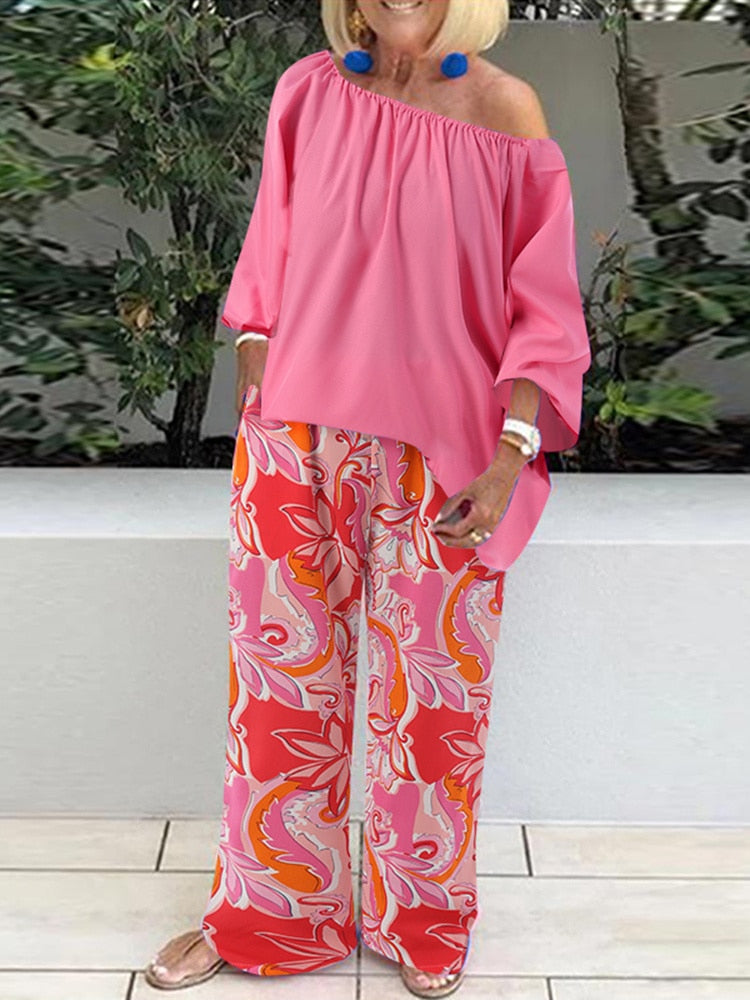 Pants Sets Fashion One Shoulder 3/4 Sleeve Tops Floral Print Wide Leg Trouser Women Two Piece Sets Casual Loose Suit