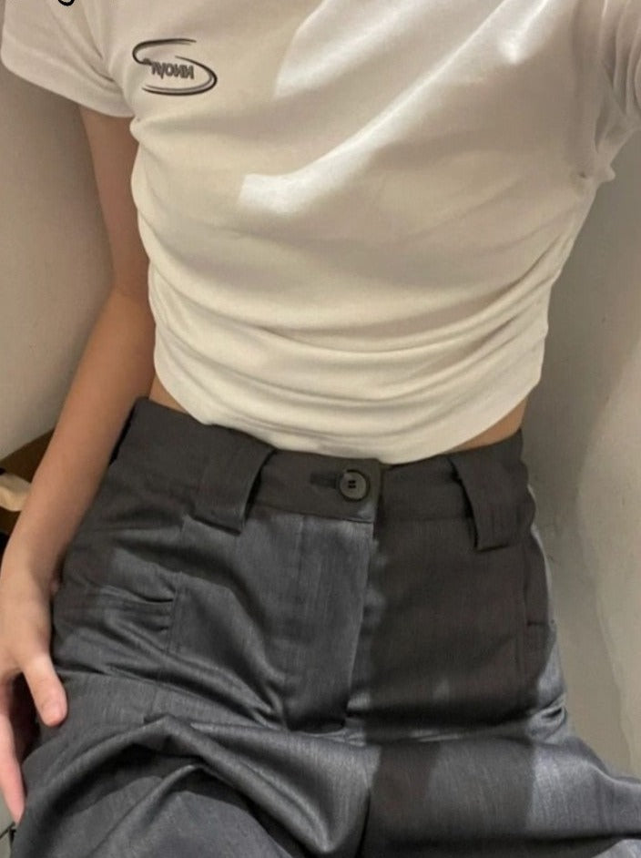 Fashion T-shirt O-neck Short Sleeve White Woman Tshirts Crop Tops Y2k Clothes Tunic Folds Summer Chic Tees Shirts for Women