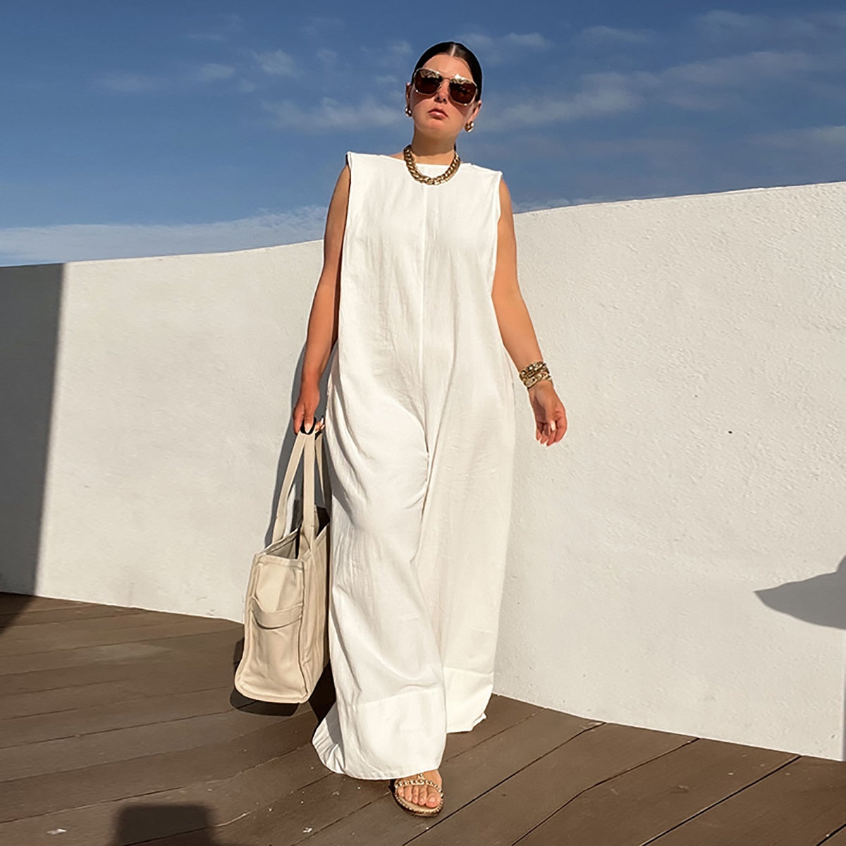 Solid Color Sleeveless Wide Leg Fitness Summer Fashion Female Loose White Black Casual Cool Jumpsuits for Women