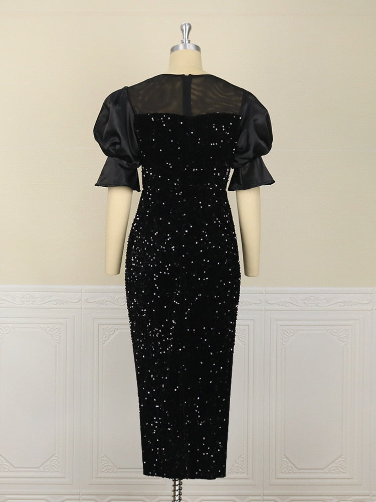 Sixsr Womens Fashion Women Black Long Dress Sequined Shiny Glitter Embroidered Chest Wrapped Puff Sleeve Classy Winter Fall Party Celebrity Birthday