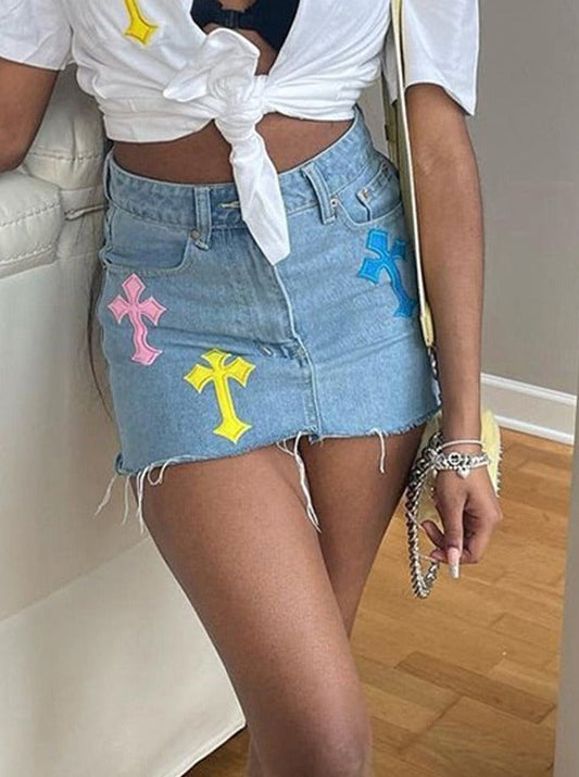 sixsr  Womens Fashion Denim Skirt Pattern Emboridery Tassel Pocket Zipper Straight Hot Women Bottoms Holiday Vocation Casual Wear Y2k Clothes