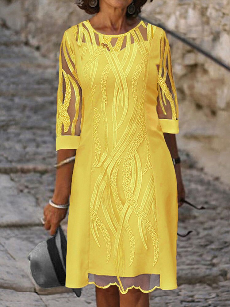 sixsr Fashion Trends Embroidered Dress Half Sleeve Casual Dress Sexy See-through Patchwork Lace Party Dress Women Fashion O Neck Loose Pullover Dress
