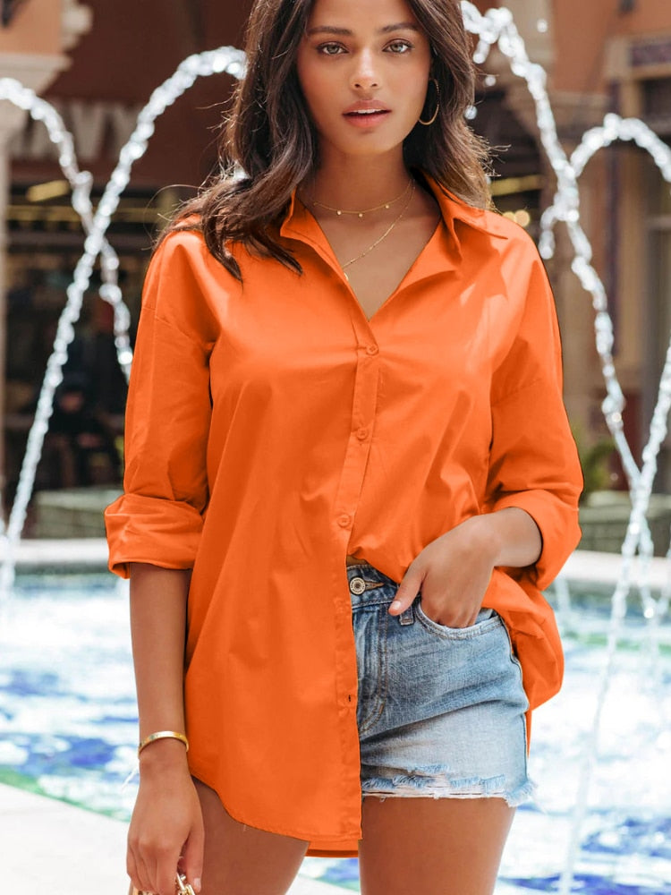 Women's Cotton Shirt Blouse Women Elegant Spring Candy Colors Basic Top Turn-down Collar Long Sleeve Solid Button Blouses