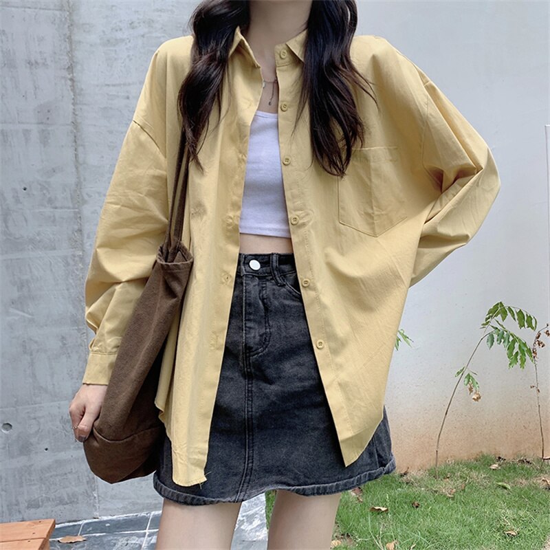 Prink Shirt for Women New Long Sleeve Turn Down Collar Oversized Blouses Office Ladies Korean Fashion Casual Top