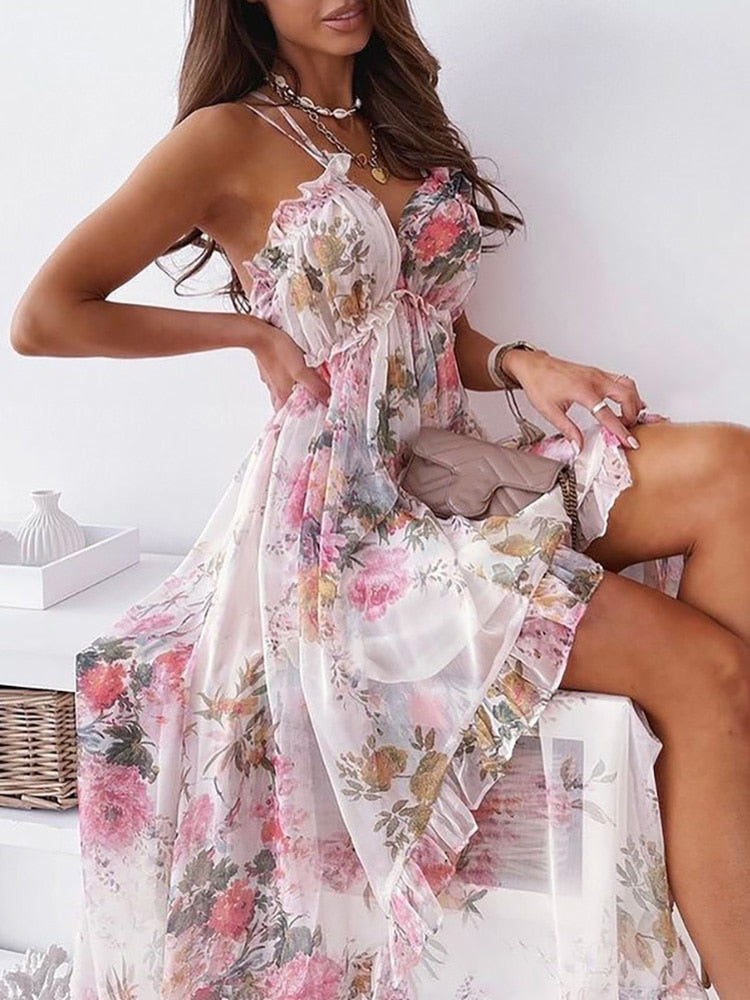 Fashion Women Summer Princess Dress Bohemian Sling Backless Deep V-Neck Floral Printing Ladies Dress Zipper Irregular Dress Streetwear