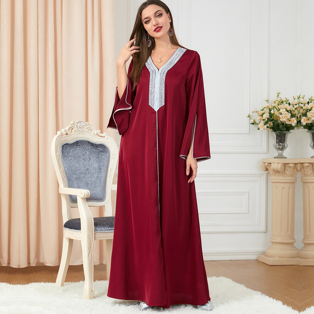 Morocco Party Dress Muslim Women Abaya Prayer Caftan V Neck Diamond Maxi Dresses Robe India Abayas Dubai Longue Vestidos Largos