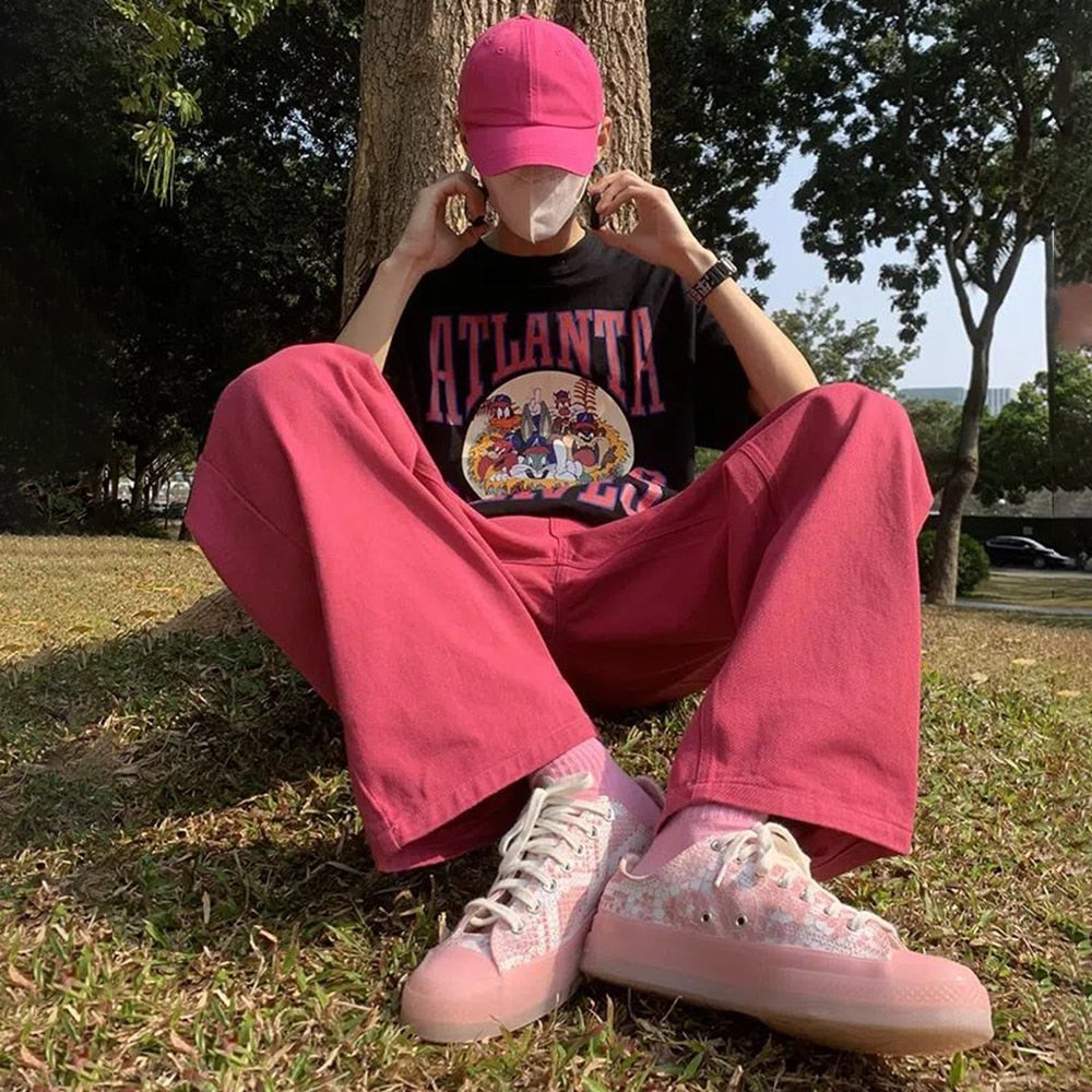 Sixsr American High Street Hip-hop Vintage Pink Jeans Mens Spring Summer Street Y2k Solid Wide-leg Jeans Pants Loose Straight Trousers