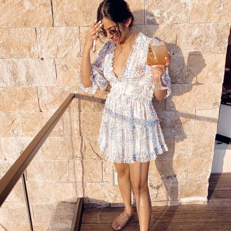 sixsr Harlow Floral Print Ruffle Dress women backless V-neck dress women mini summer dress ladies party dress