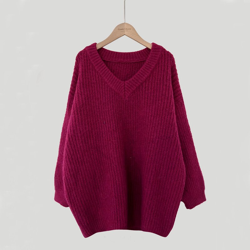 Green Oversized Sweaters for Women Fall Winter Korean Fashion Long Loose Pullovers V Neck Long Sleeve Jumpers