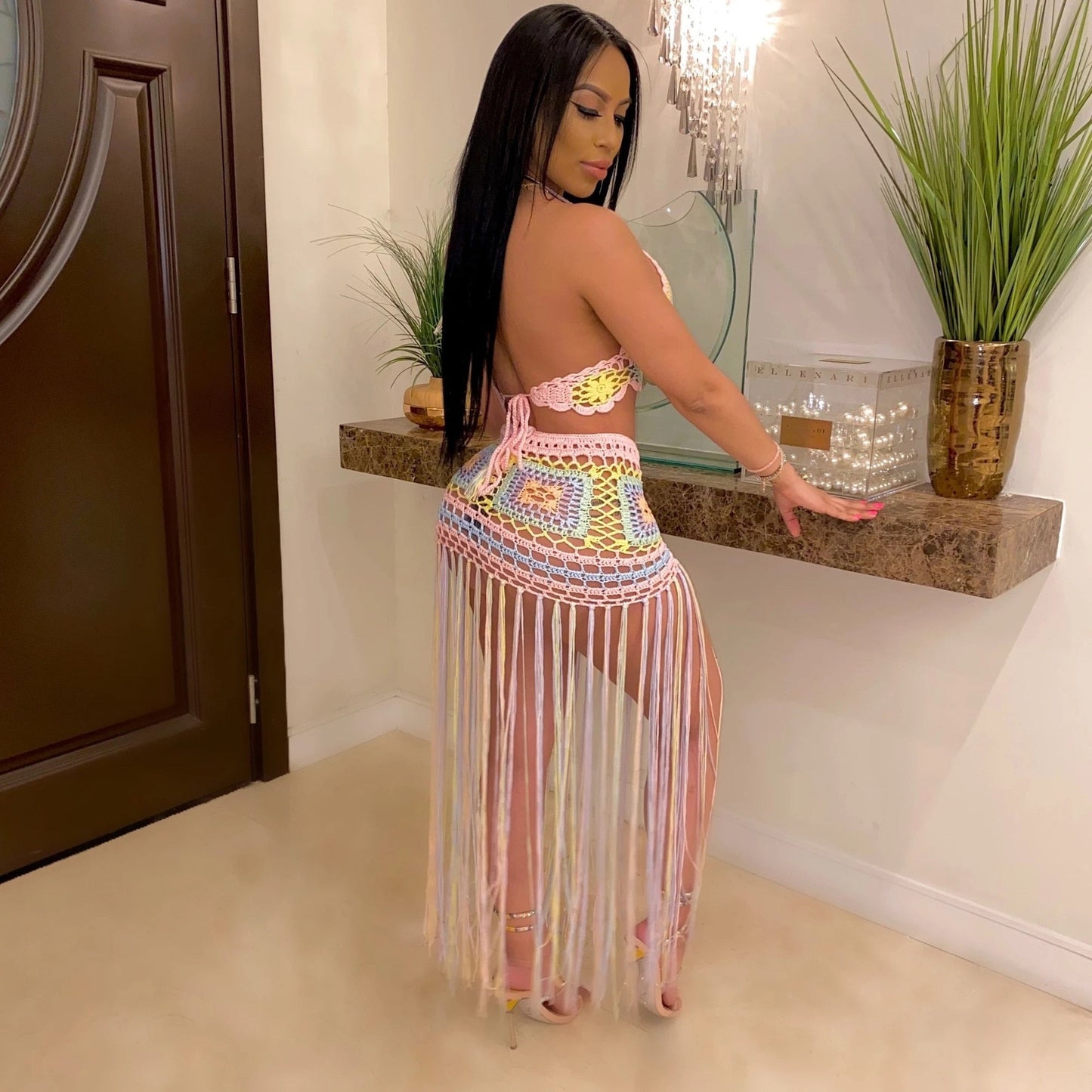 sixsr Sexy Crochet Tassel Two Piece Skirt Set Beach Dress Suit Summer Outfit Womens  2 Piece Matching Sets