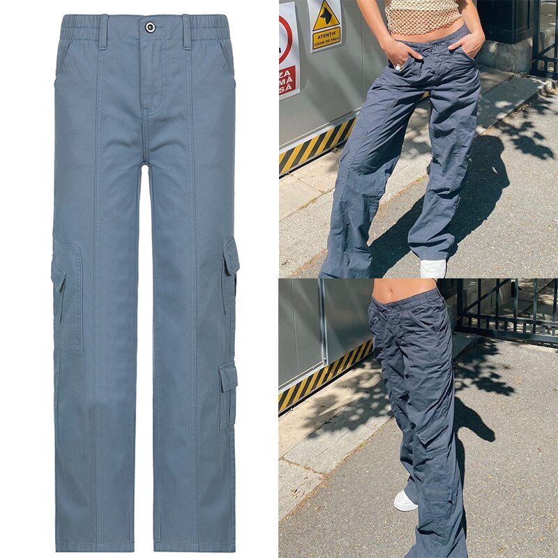 Sixsr Women Spring Fashion Multi Pockets White Cargo Pants Women Adjustable Low Waist Baggy Wide Leg Jeans Oversized Casual Trousers Retro Bottoms Iamhotty