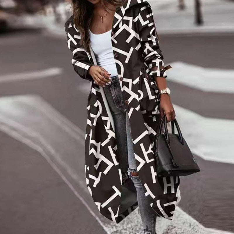 Women's Khaki Striped Plaid Contrast Long Trench Coat