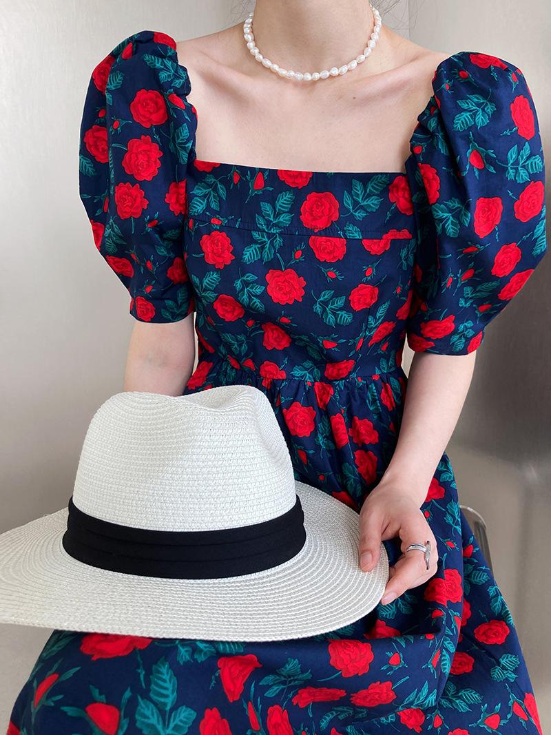 sixsr Trends Dress Rose Print Square Neck Long Dress Summer Mid Length Sweet elegant casual