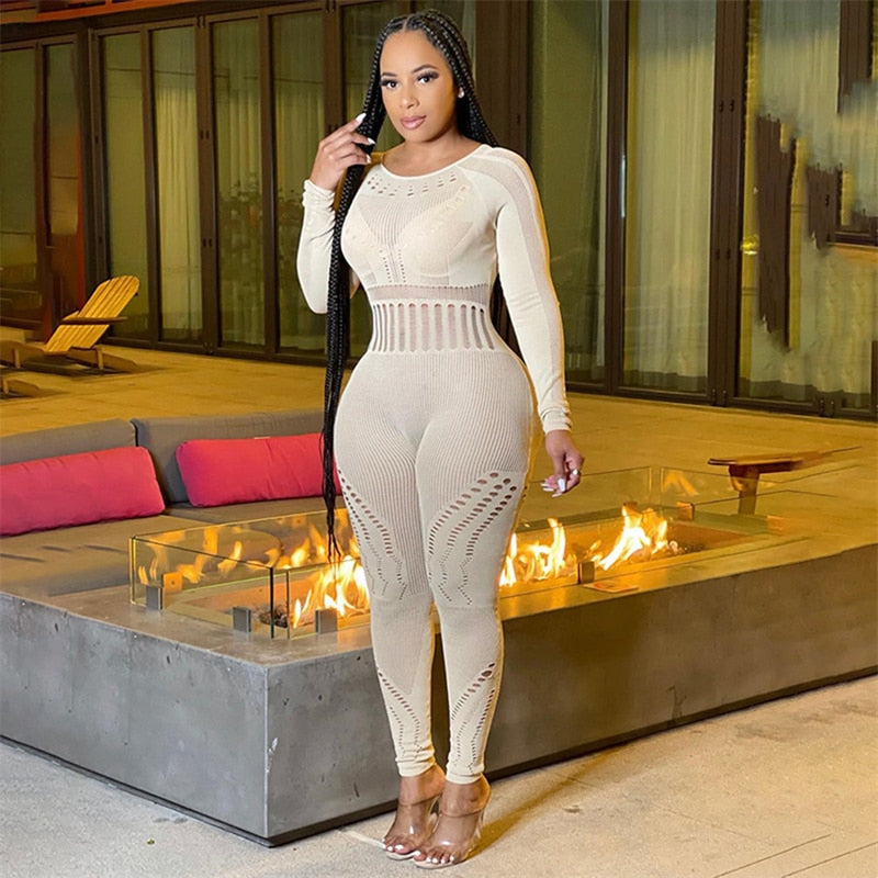 sixsr Hollow Out Knitted Mesh Jumpsuits Women Sexy See Through Long Sleeve Hipster Stretchy Skinny Overalls Clubwear Romper