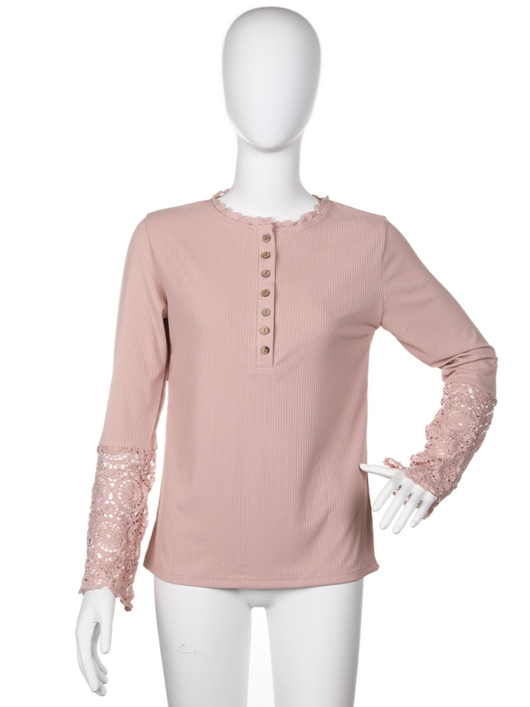 sixsr Lace Splicing Top Long Sleeve T Shirt Woman Button Slim Tops Tee Autumn Spring Patchwork Sleeve T-shirt Women Sexy Streetwear