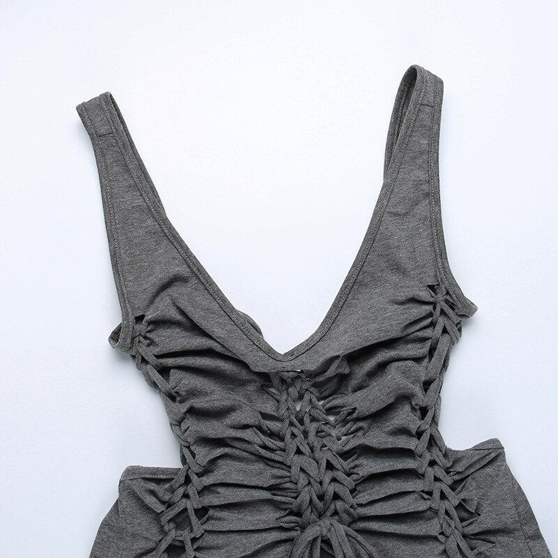Dark Gray Hollow Out Mini Dress Sexy Drawstring Bandage Backless Summer Dresses for Women Birthday Party Clubwear