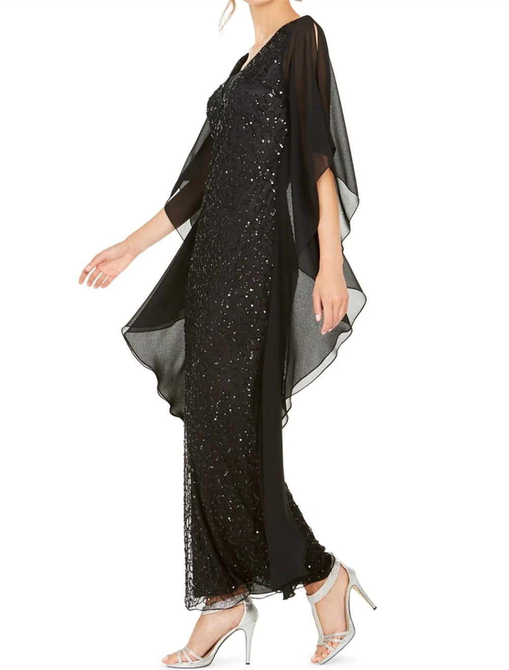 Sequins Mother of the Bride Dress Elegant V Neck Ankle Length Chiffon Half Sleeve with Ruching vestidos de boda invitada