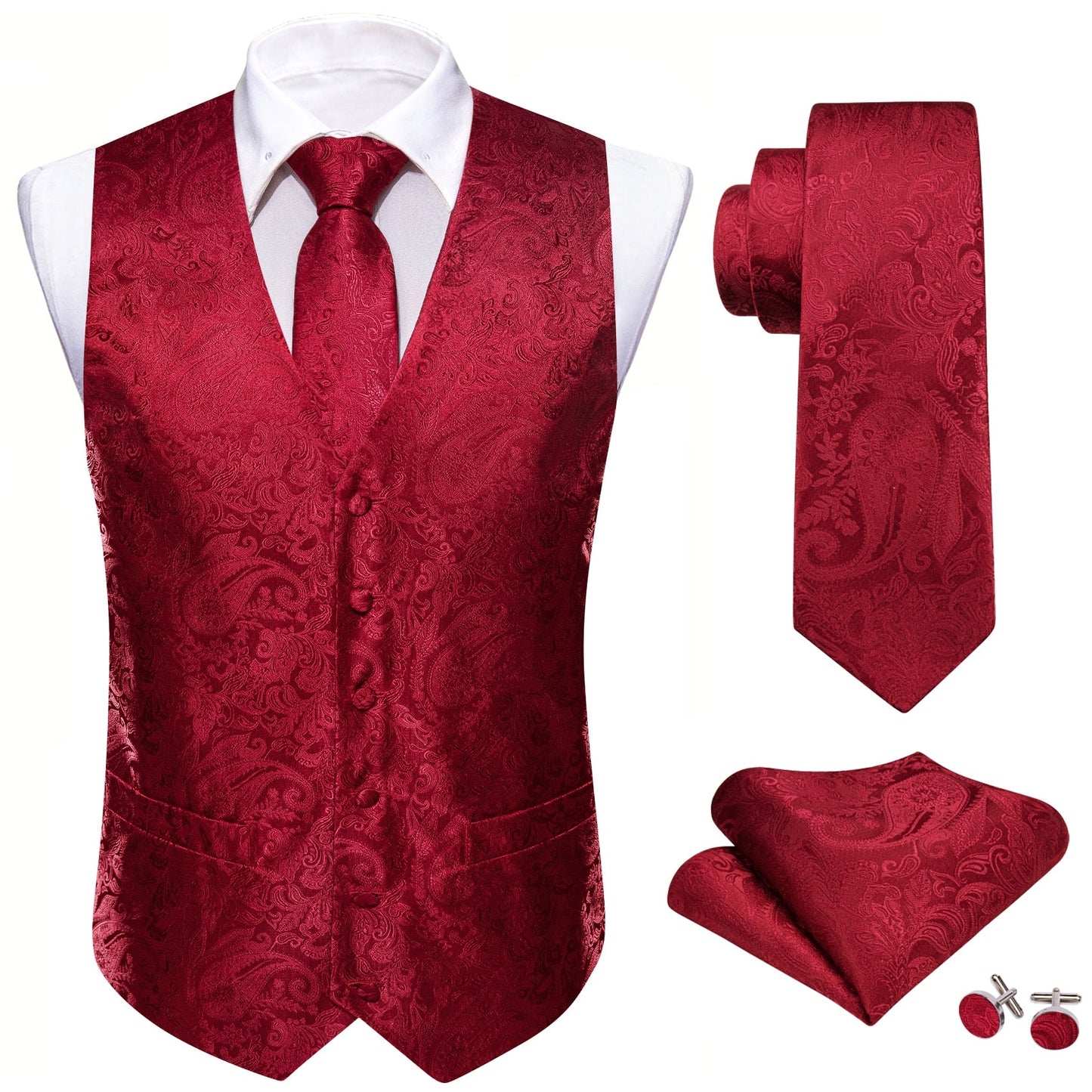 Sixsr 4PC Mens Extra Silk Vest Party Wedding Gold Paisley Solid Floral Waistcoat Vest Pocket Square Tie Suit Set Barry.Wang BM-2017