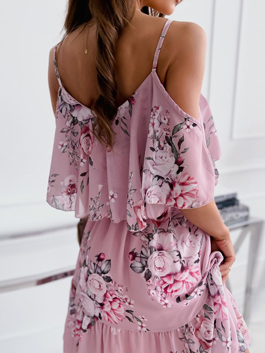 Sixsr New Fashion Sexy Spaghetti Strap Woman Dress Summer Floral Print Off Shoulder Sundress Elegant Chiffon A-Line Beach Boho Dresses Vestidos