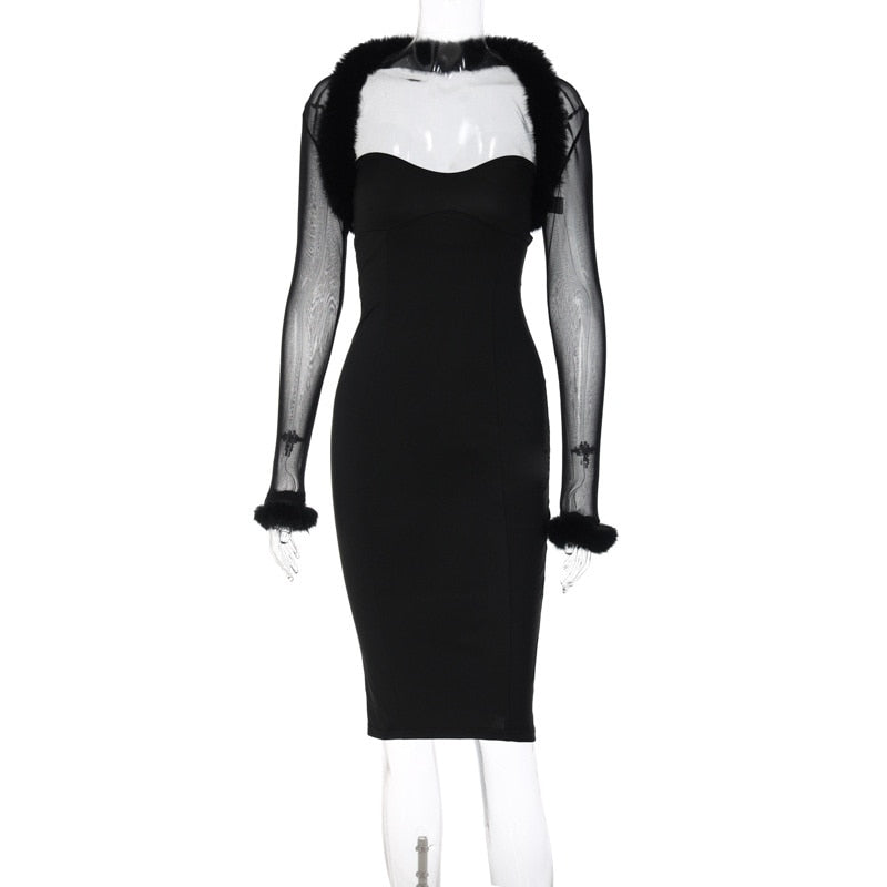 sixsr Black Villus Sexy Dress Women New Long Sleeve Bodycon Midi Autumn Winter Dress Elegant Club Party Dresses Vestido