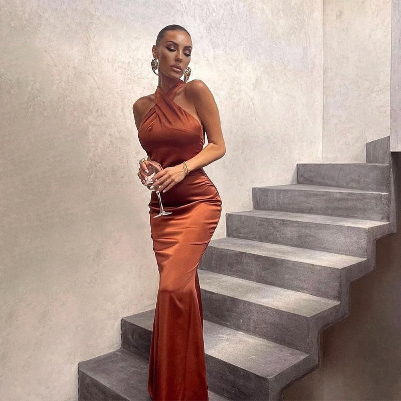 sixsr Sexy Satin Sleeveless Backless Elegant Party Maxi Dresses Women Summer Off Shoulder Bodycon Black Long Dress Formal Female