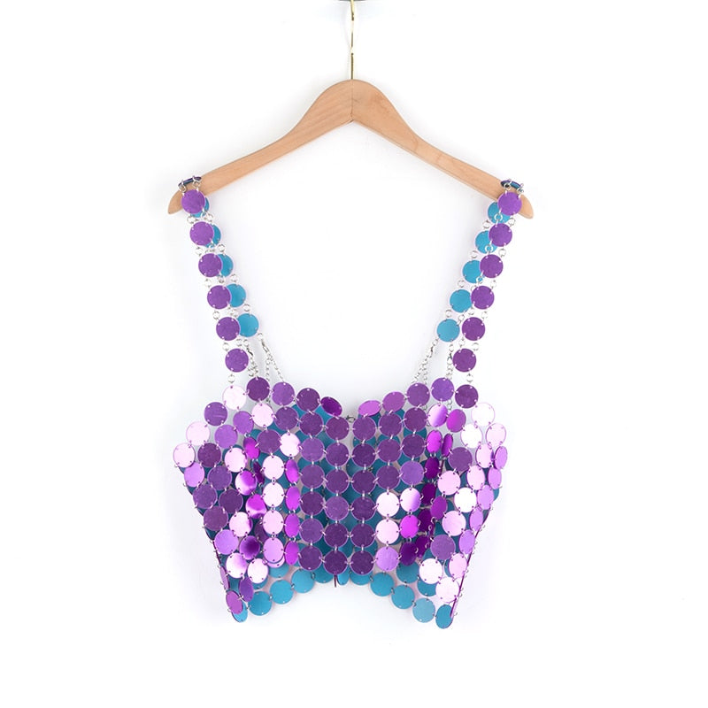 Leqoel Women Sequined Tank Tops for Women Fashion Female Clothing Shiny Metal Shoulder Strap Sexy Backless Mesh Crop Top