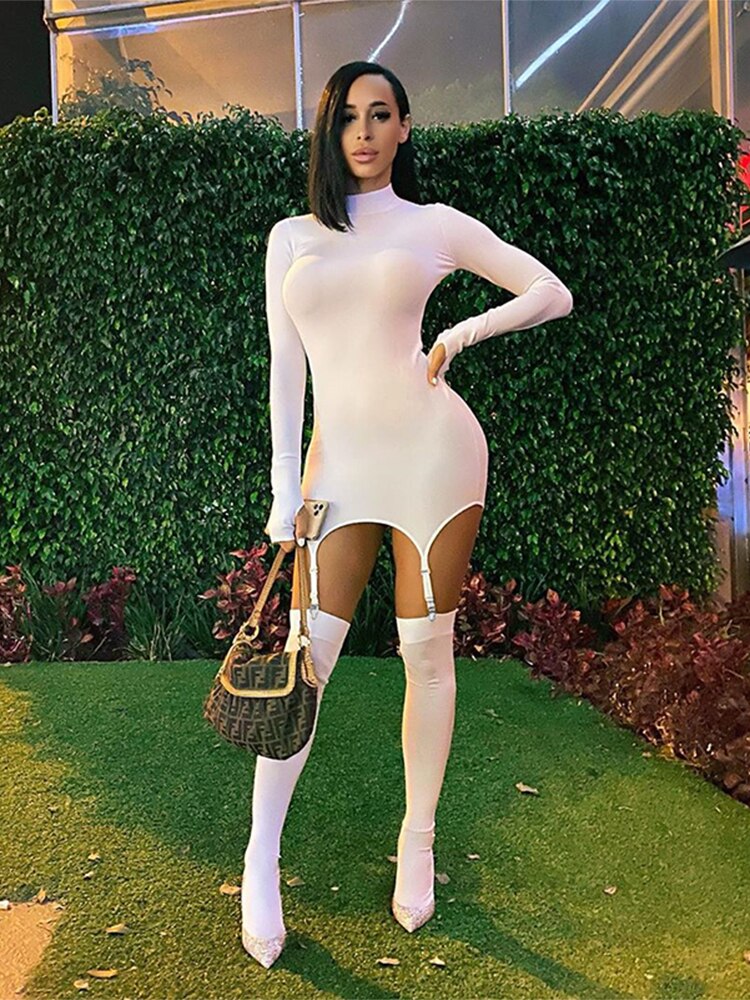 Womens Fashion Casual White Crew Neck Dress Crochet Long Sleeve Bodycon Sexy Chic And Elegant Woman Dress Corset Party Nightclub Clothing