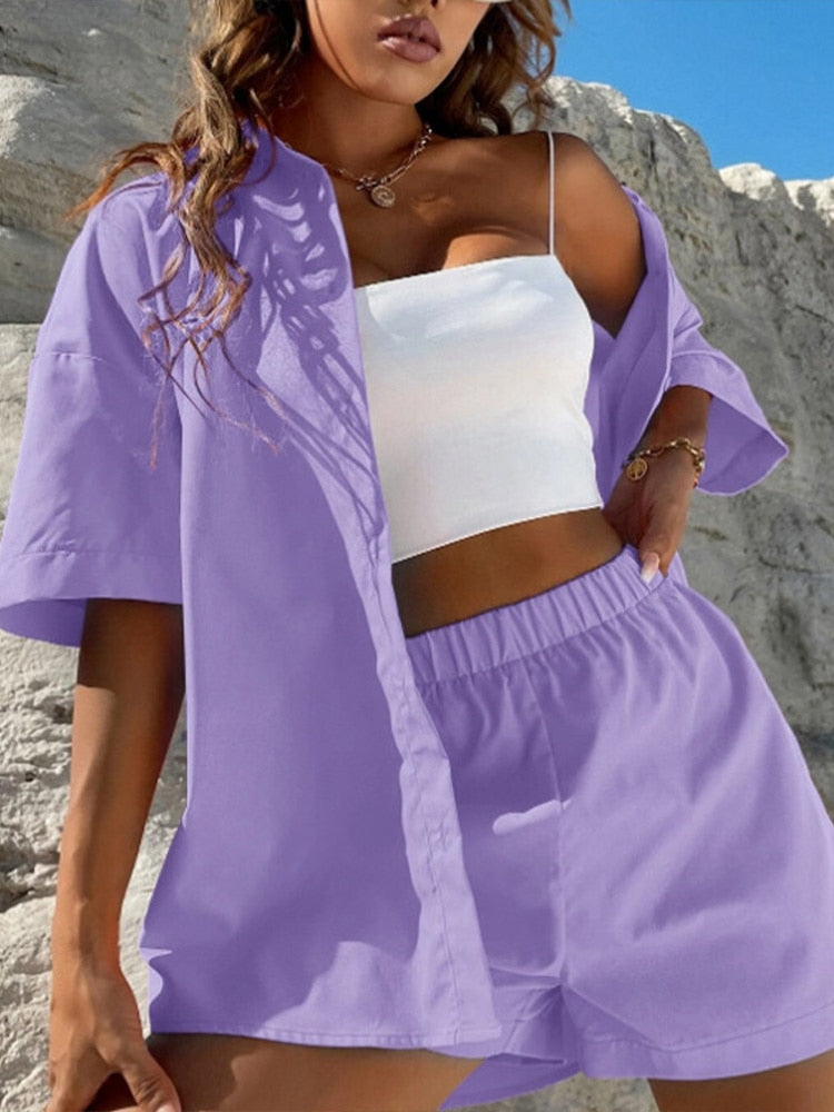 Long Sleeve Single-breasted Top + Broad-legged Shorts Set Fashion Ladies Sexy Solid Suits Summer 2 Piece Outfits For Women