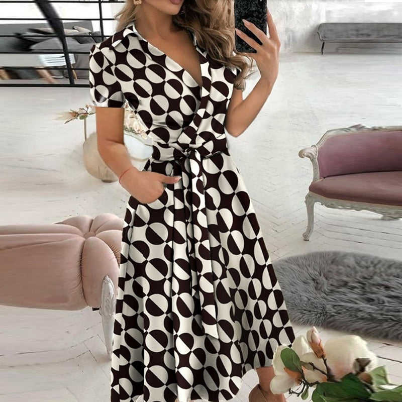 v neck long sleeve spring summer printed dress
