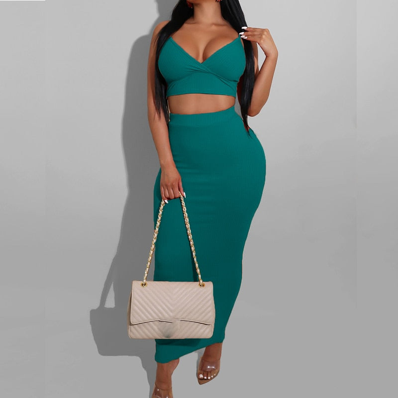 sixsr Sexy Two Piece Sets V-Neck Long Sleeve Crop Top Knitted Long Skirt Party Women Sets Wrap Club Bodycon 2 Pieces Outfits