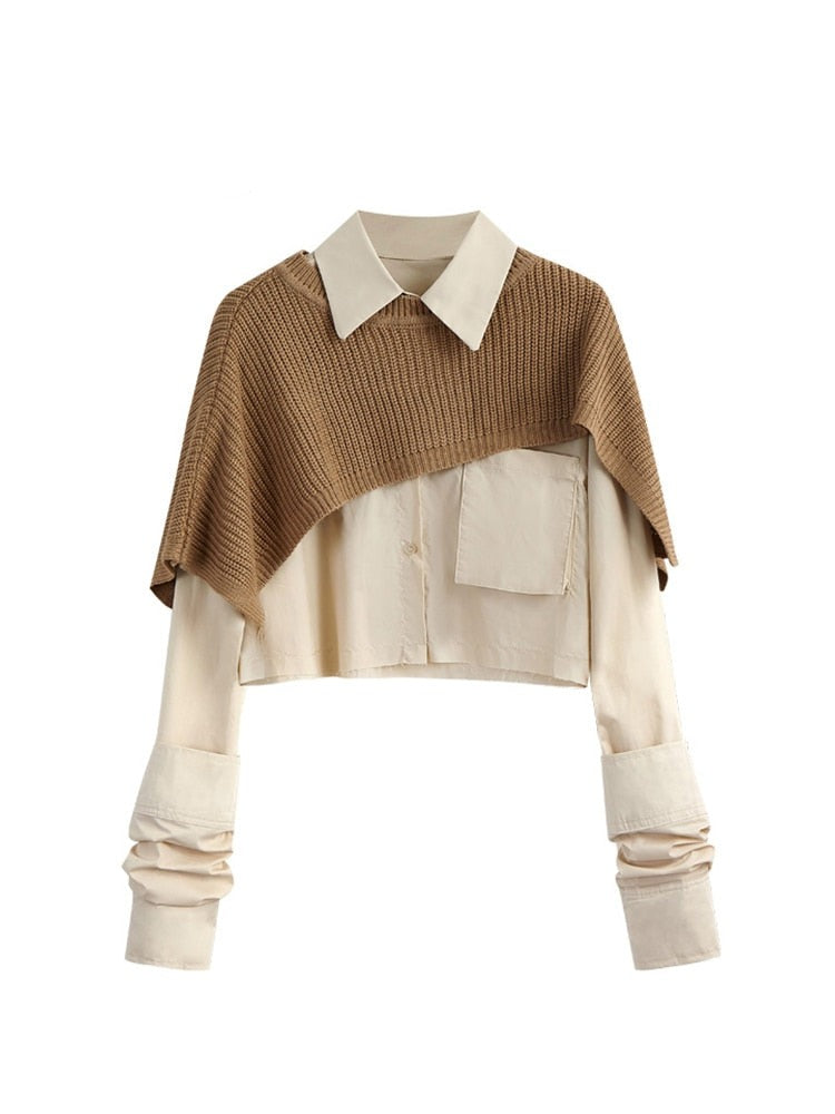 Sixsr Spring Autumn Fashion Women Two Pieces Sets Long Sleeve Short Blouse Shirt + Solid Knitted Pullover Crop Shawl Sweater Female Tops