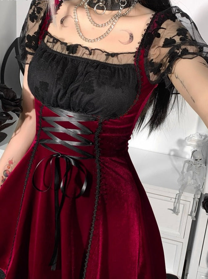 Sixsr Women Fashion Gothic Vintage Velvet Croset Dress Aesthetic Punk Hight Waist Lace Trim Mesh Mini Dresses Fairy Grunge Partyclub Dress