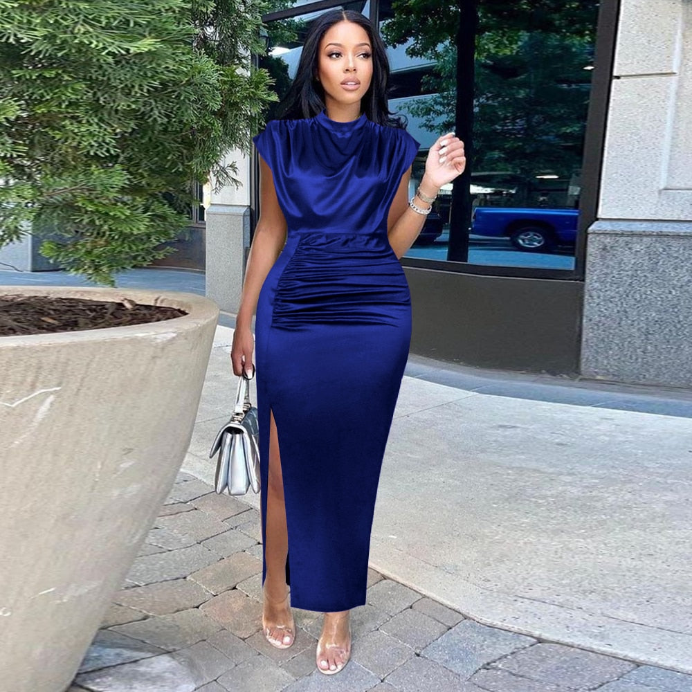 sixsr Women Dress Pleated Long Wine Red Elegant Slit High Collar Slim Fit Sleeveless Maxi Robes Female Shiny Gowns Party  Spring