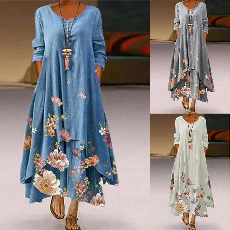 Sixsr Summer Dress Plus Size Floral Print Irregular Hem Women Buttons Round Neck Dress Women's Clothing Sleeveless Beach Maxi Dresses