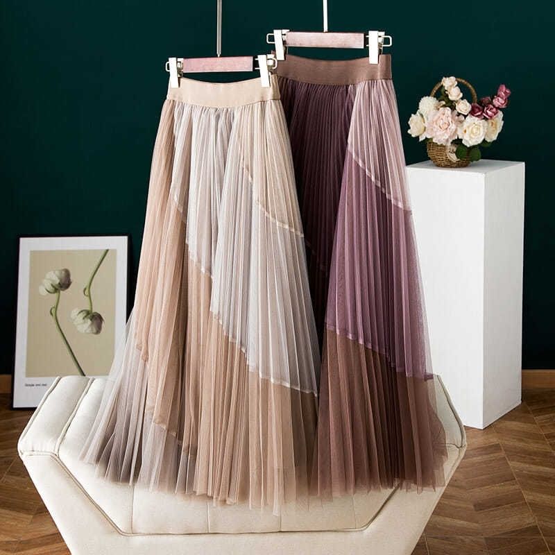 Sixsr Gauze Patchwork Pleated Midi Skirts Spring Summer New Fashion Streetwear Casual Elastic High-waisted Women's Skirt