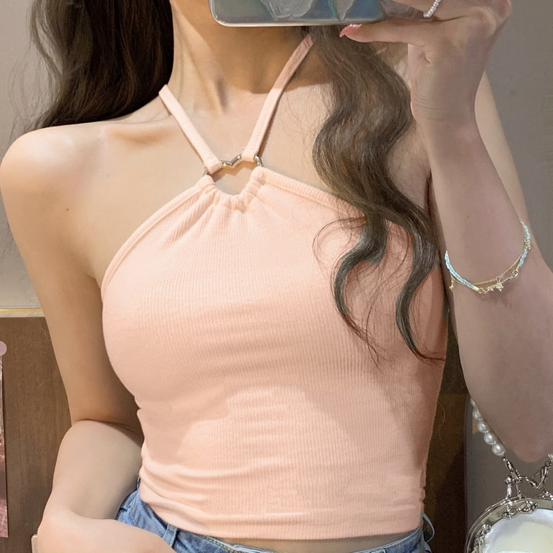 Sexy Camis Tank Top for Women Spring New Sleeveless Neck Mounted Backless Slim Tanks Fashion Solid Casual Crop Top