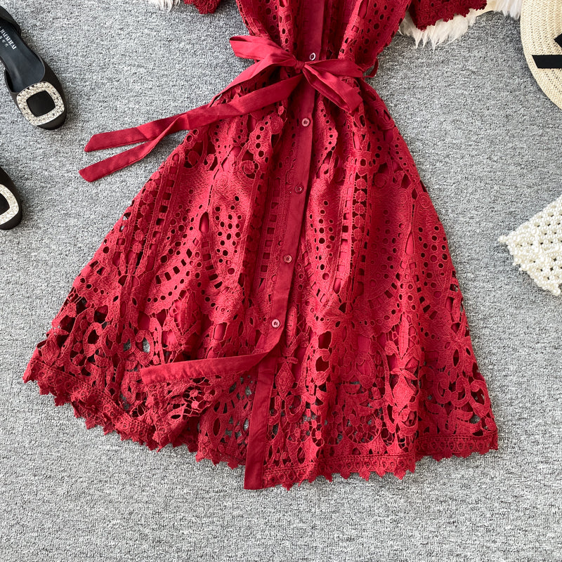 Sixsr Women Elegant Hollow Out Lace Dress Office Lady Summer Solid O-Neck Button up Sashes Midi Dress Female Chic Short Sleeve Dress