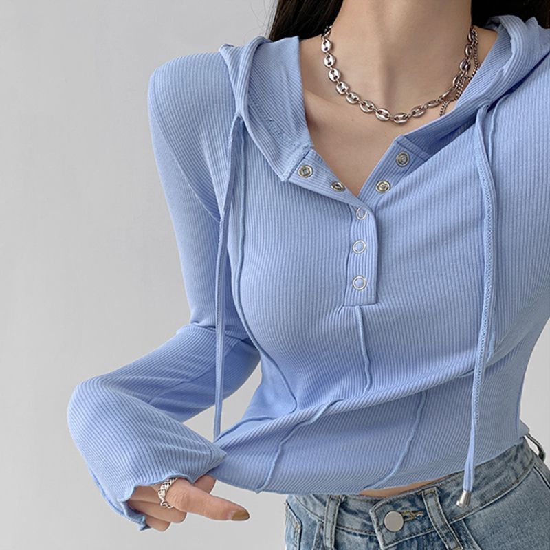 Crop Tops Fashion T-shirts for Women Hooded Sweatshirt Long Sleeve Tees Y2k Clothes Korean Casual Woman Tshirts Ropa Mujer