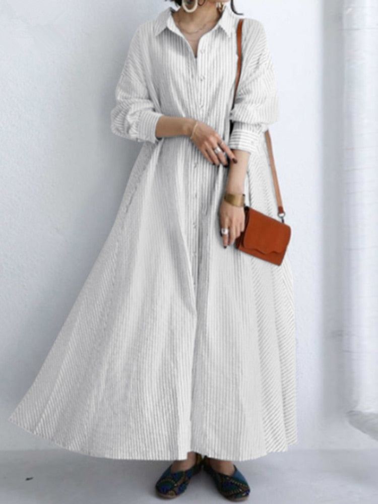 Summer New Dress Fashion Cotton Linen Striped Cardigan Loose Large Casual Temperament Commuter Irregular Women's Long Dress tops