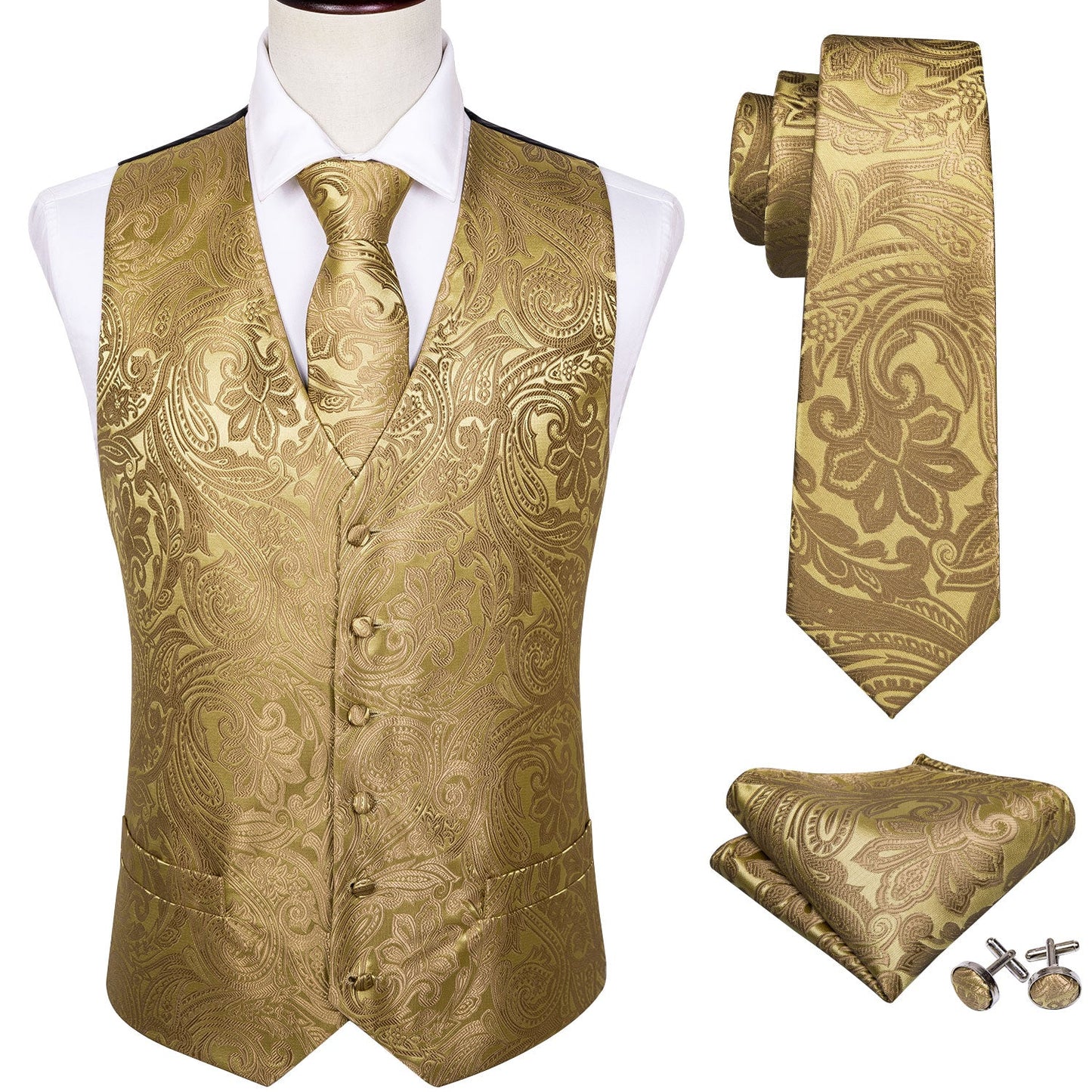 Sixsr 4PC Mens Extra Silk Vest Party Wedding Gold Paisley Solid Floral Waistcoat Vest Pocket Square Tie Suit Set Barry.Wang BM-2017