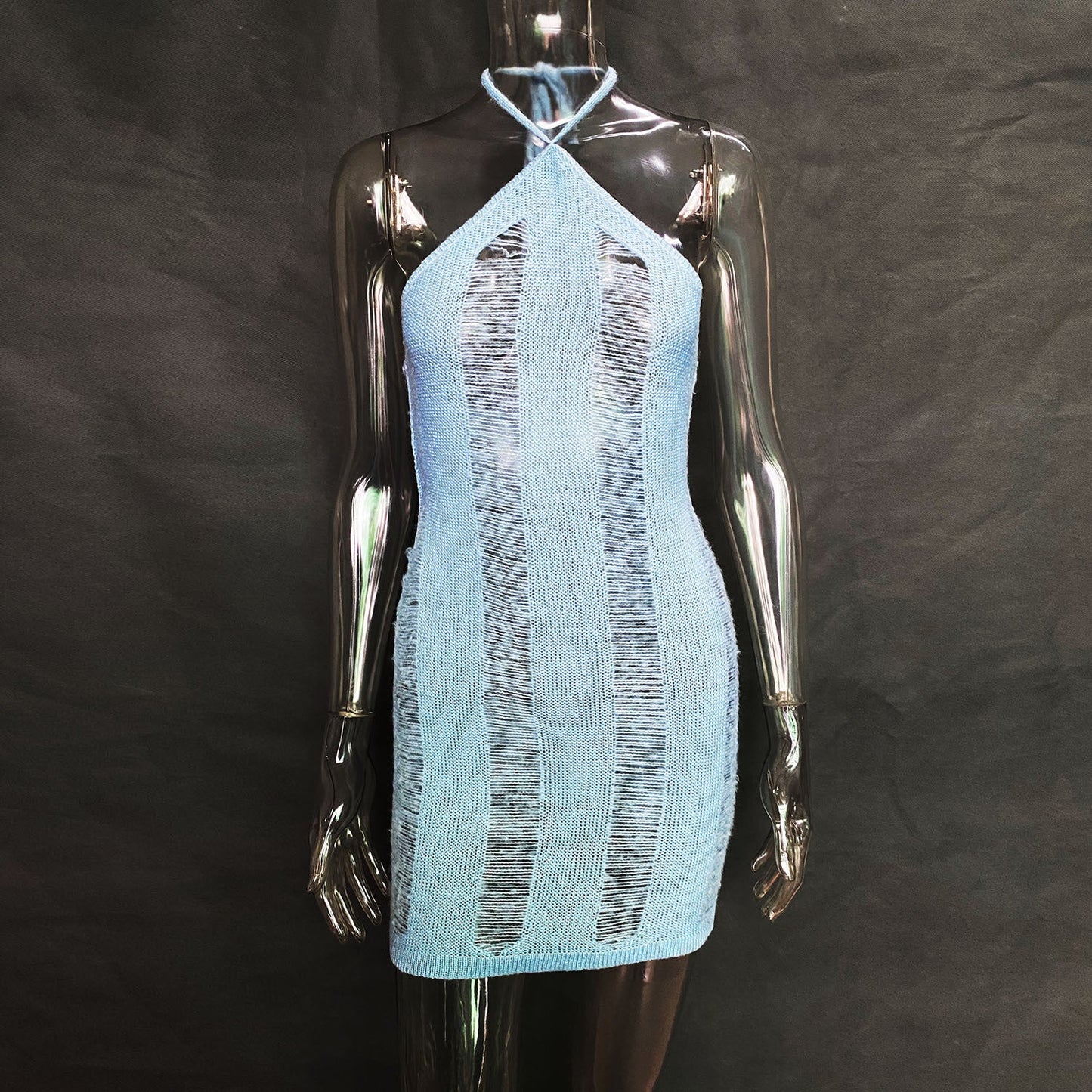 sixsr Knit Sexy Hollow Out Halter Women Dress Black Backless High Waist Mini Dress Women Summer Skinny Fashion Streetwear