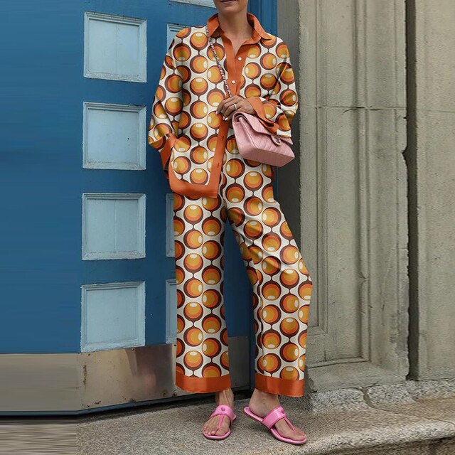 Spring New Loose Vintage Printed Pajamas Set Loungewear Sleepwear for Women 2 Pieces Long Sleeve Big Size Pyjama Tracksuit