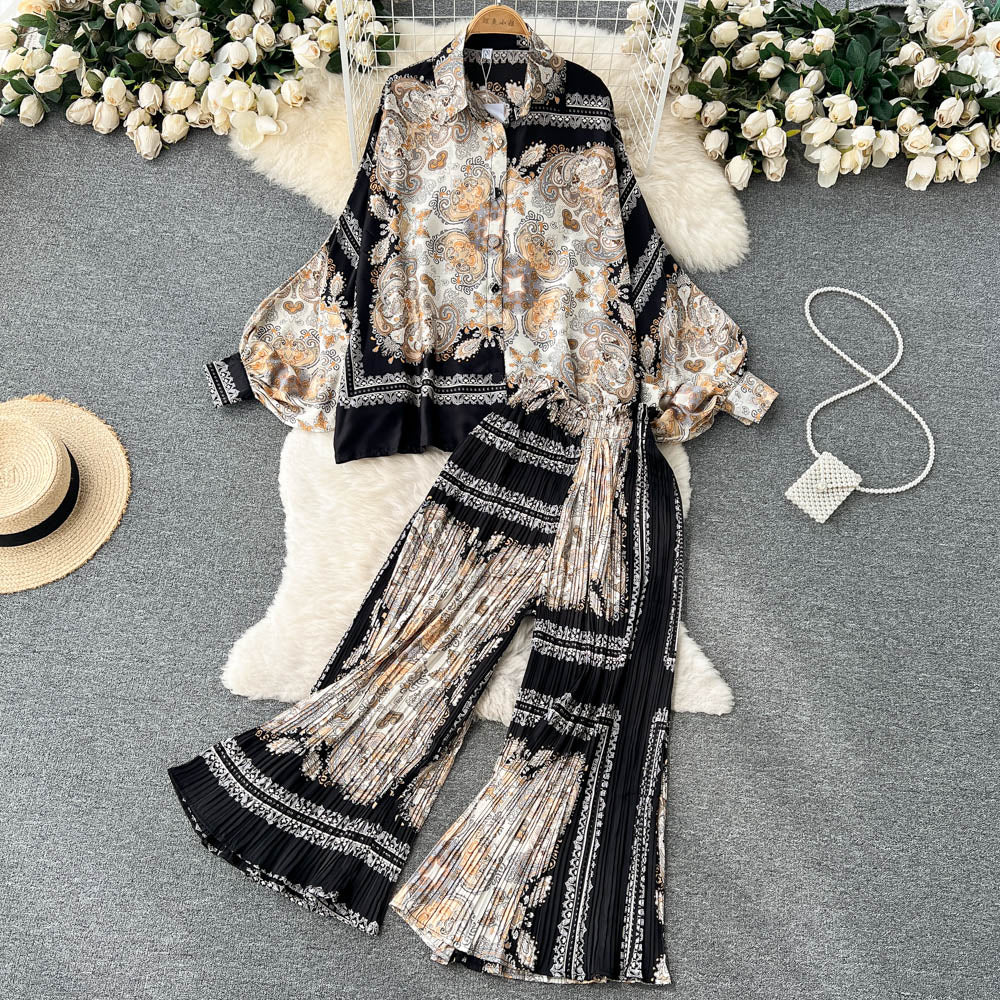 sixsr Women's Dress Spring Retro Print Casual Set Design Batwing Sleeve Single Breasted Blouse+High Waist Long Pants Two Piece Suits