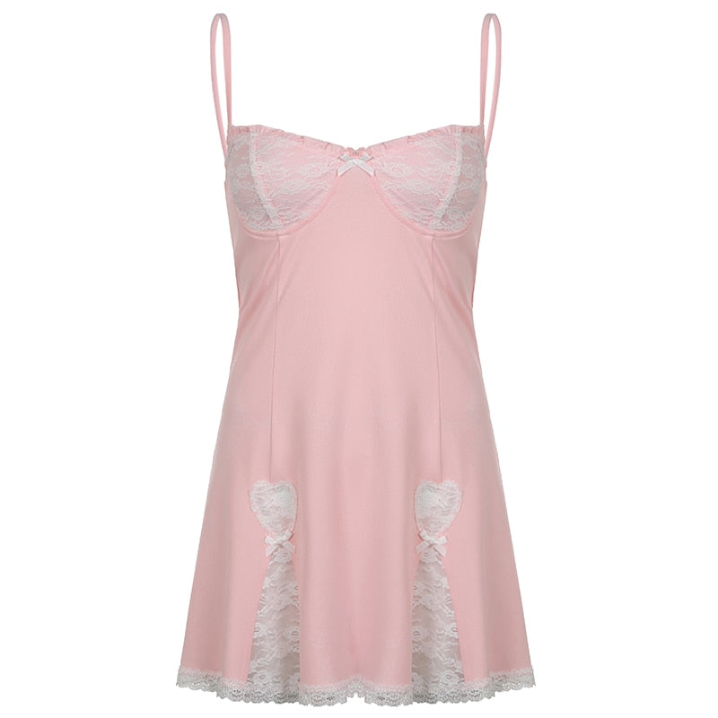 sixsr Lace Patchwork Dress Pink Sleeveless Kawaii Sundress Sweet Japanese Style Aesthetic Outfit Y2K Beach Outfit Sexy Hot