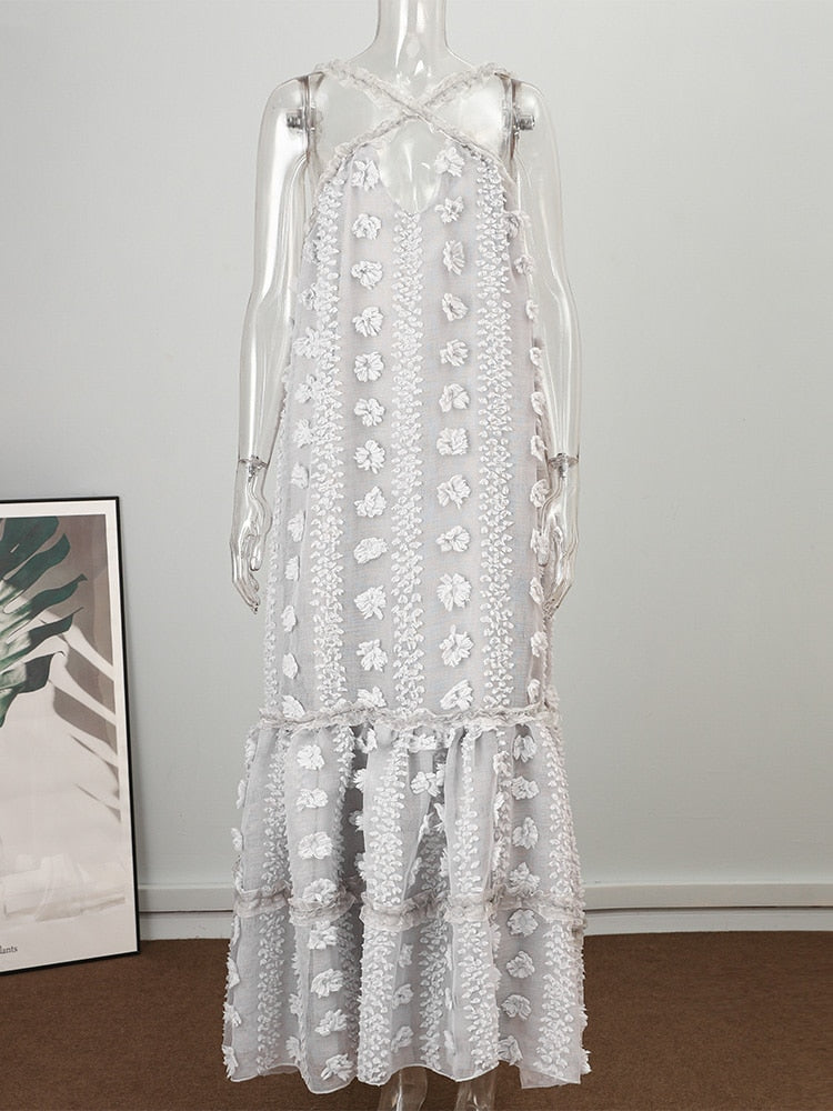 Sixsr Sleeveless Halter Maxi Summer Dress For Women Fashion Ruffle Beach Long Robe Elegant Slip Holiday Hollow Out Sundress