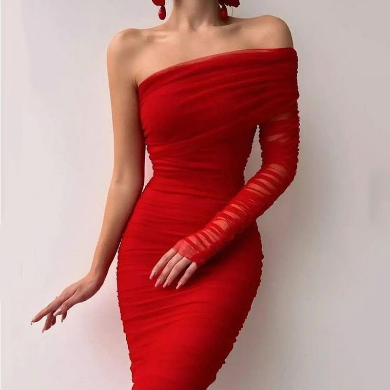 Sexy Diagonal Neck Backless Party Dress Women Fashion One Shoulder Long Sleeve Mesh Dress Elegant Temperament Slim Solid Dresses